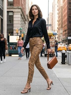 Frame Denim Brown Snake-Print Cropped Ankle Pants with Black Top